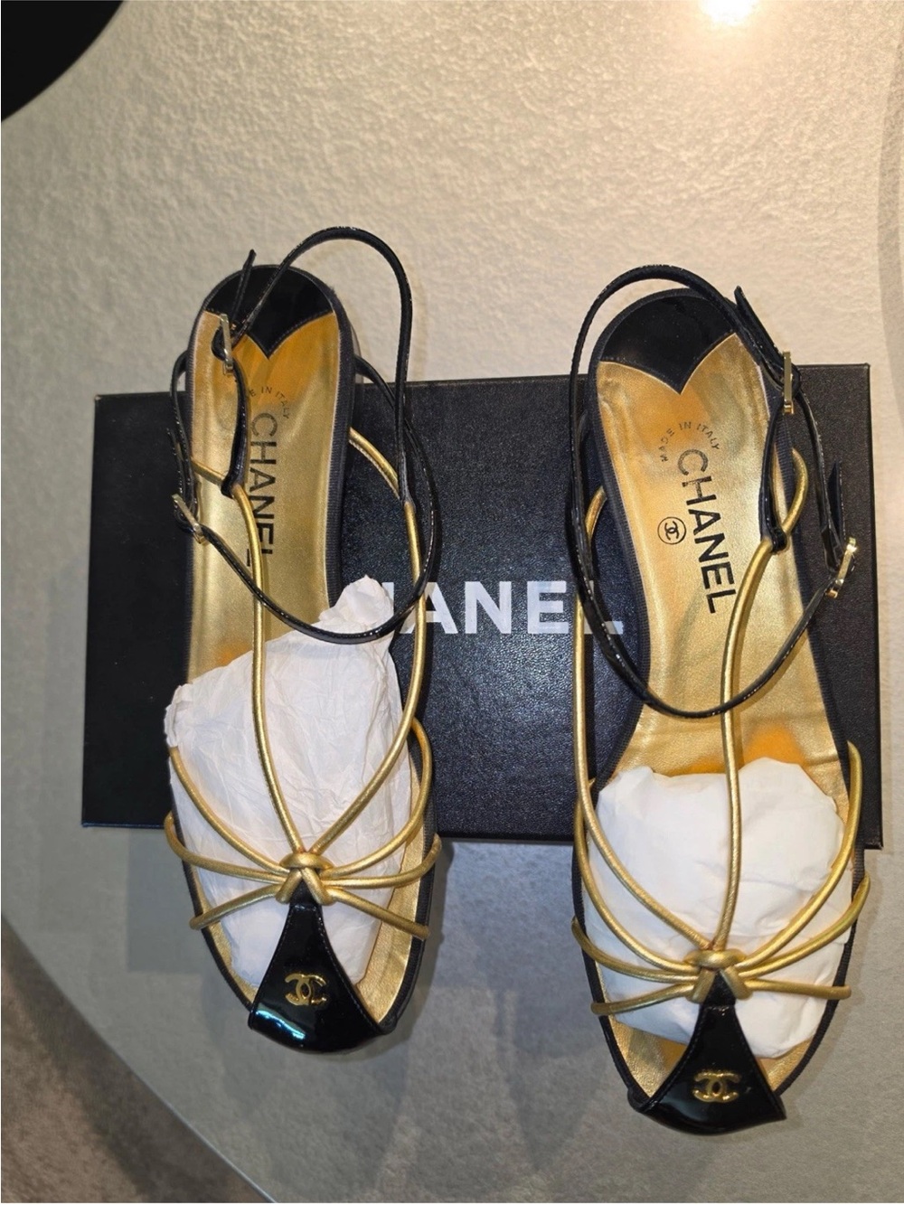 CHANEL Black & Gold Open-Toe Slingback Heels - Picture 3 of 3